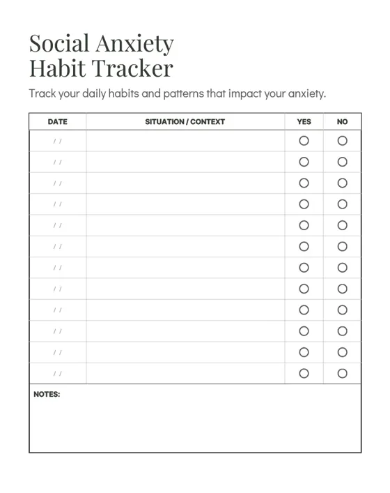 Preview of the included Social Anxiety Habit Tracker, with a daily record and notes